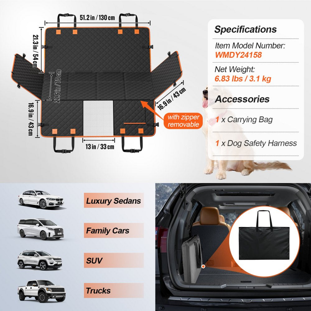Waterproof 600D dog back seat cover measuring 51.2x27.6 inches for SUVs, with honeycomb platform and safety features.