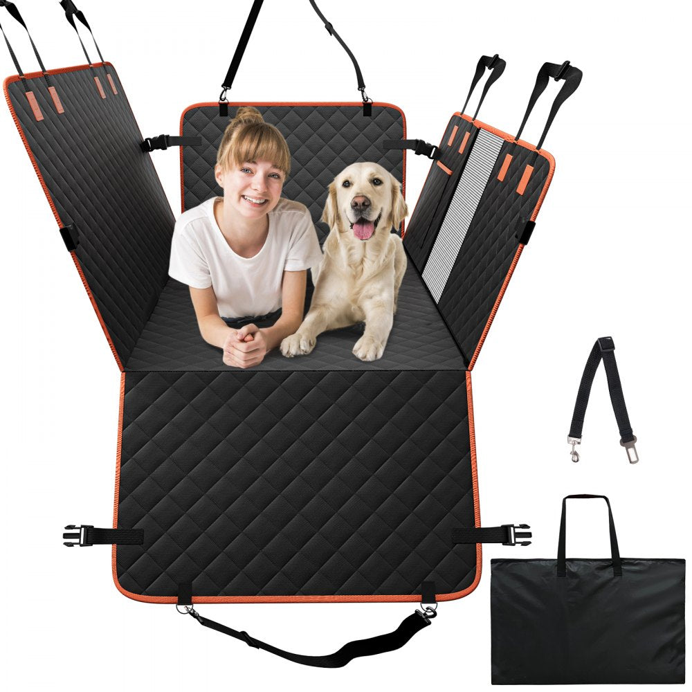 Black waterproof dog back seat cover with hammock straps, safety belt, and storage pouch.