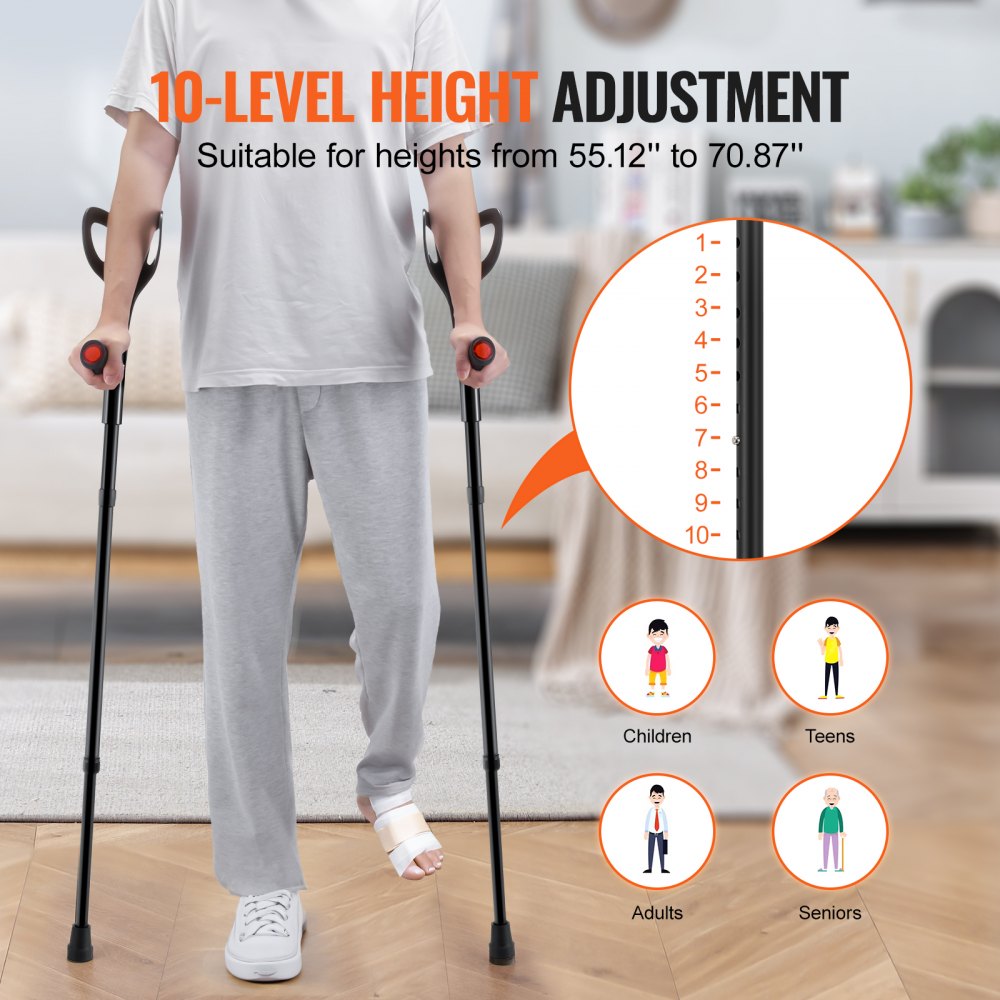 Forearm Crutches 10-Level Height Adjustable Walking Crutches 1 Pair 350LBS