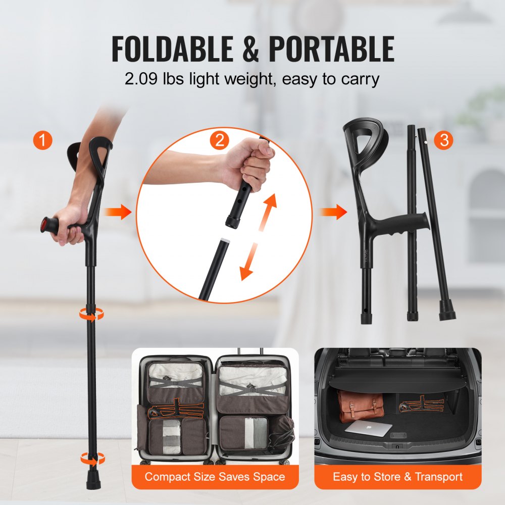 Forearm Crutches 10-Level Height Adjustable Walking Crutches 1 Pair 350LBS
