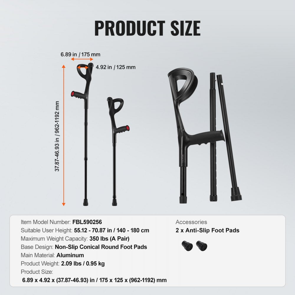 Forearm Crutches 10-Level Height Adjustable Walking Crutches 1 Pair 350LBS