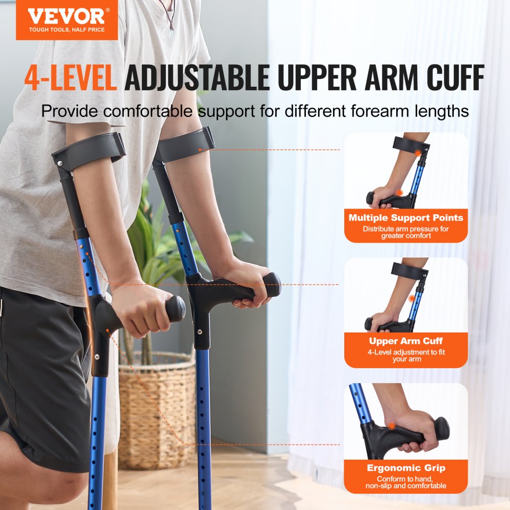 Forearm Crutches Aluminum Walking Crutches with Adjustable Height & Cuffs