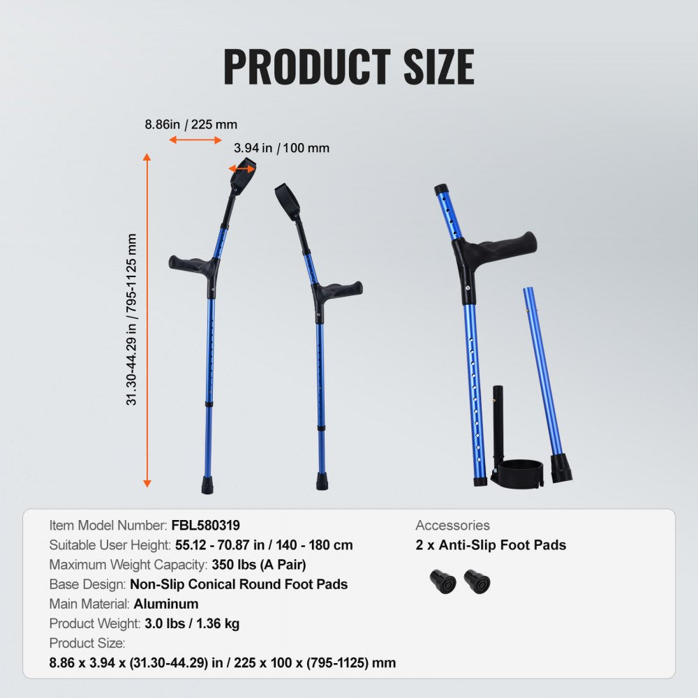 Forearm Crutches Aluminum Walking Crutches with Adjustable Height & Cuffs
