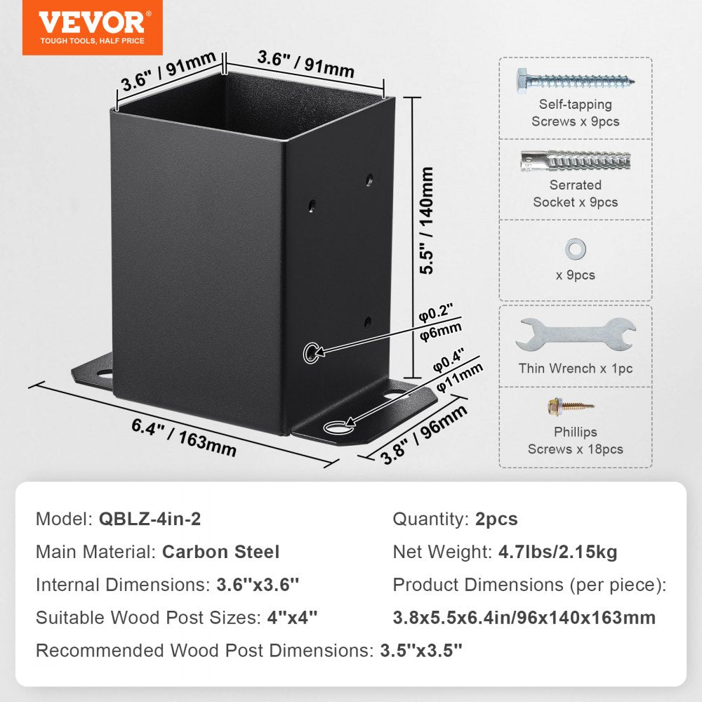 4x4 Post Base 2 Pcs, Inner Size 3.6"x3.6" Post Base Brackets, Heavy Duty Powder-Coated Post Anchor Matte Black Wood Post Brackets for Pavilion Deck Railing Support Deck Base Plate