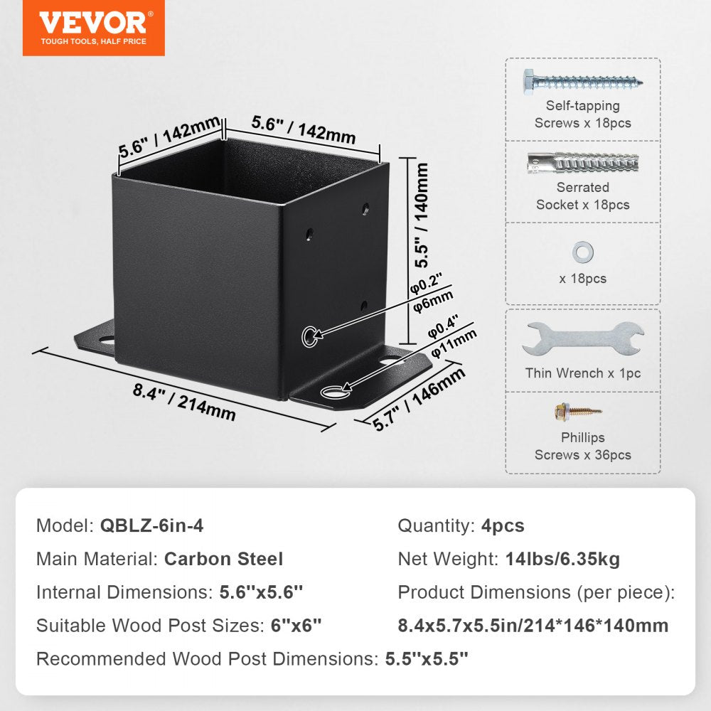 6x6 Post Base 4 Pcs, Inner Size 5.6"x5.6" Post Base Brackets, Heavy Duty Powder-Coated Post Anchor Matte Black Wood Post Brackets for Pavilion Deck Railing Support Deck Base Plate