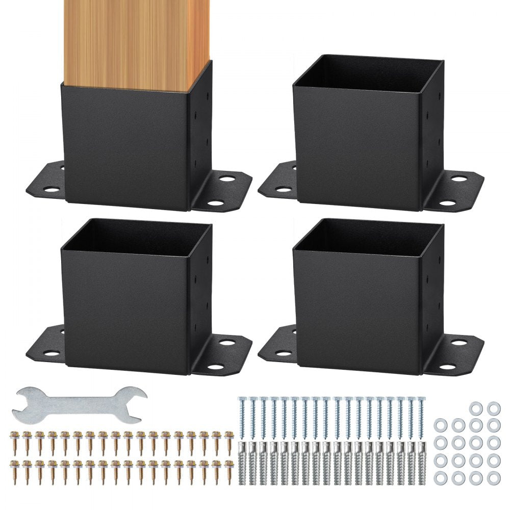 6x6 Post Base 4 Pcs, Inner Size 5.6"x5.6" Post Base Brackets, Heavy Duty Powder-Coated Post Anchor Matte Black Wood Post Brackets for Pavilion Deck Railing Support Deck Base Plate