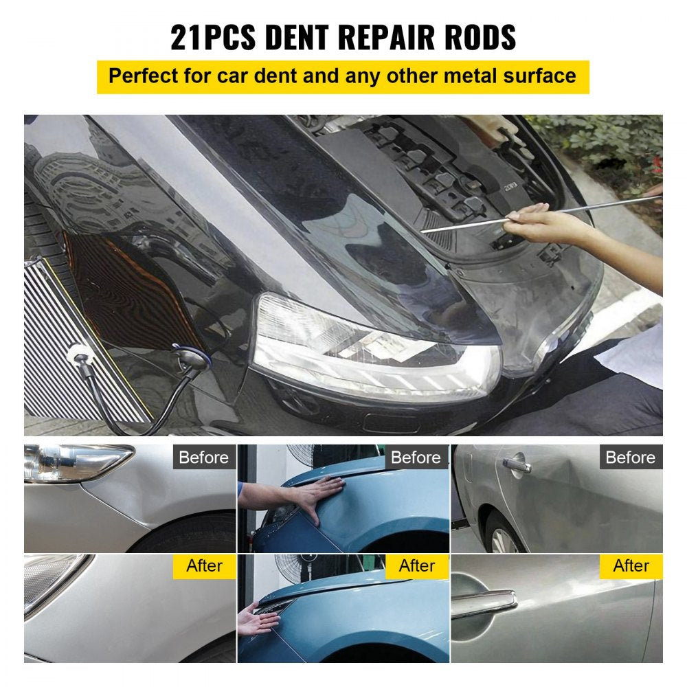 Rods Dent Removal Kit, 21 Pcs Paintless Dent Repair Rods, Stainless Steel Dent Rods, Whale Tail Dent Repair Tools, Professional Hail Dent Removal Tool For Minor Dents, Door Dings And Hail Damage