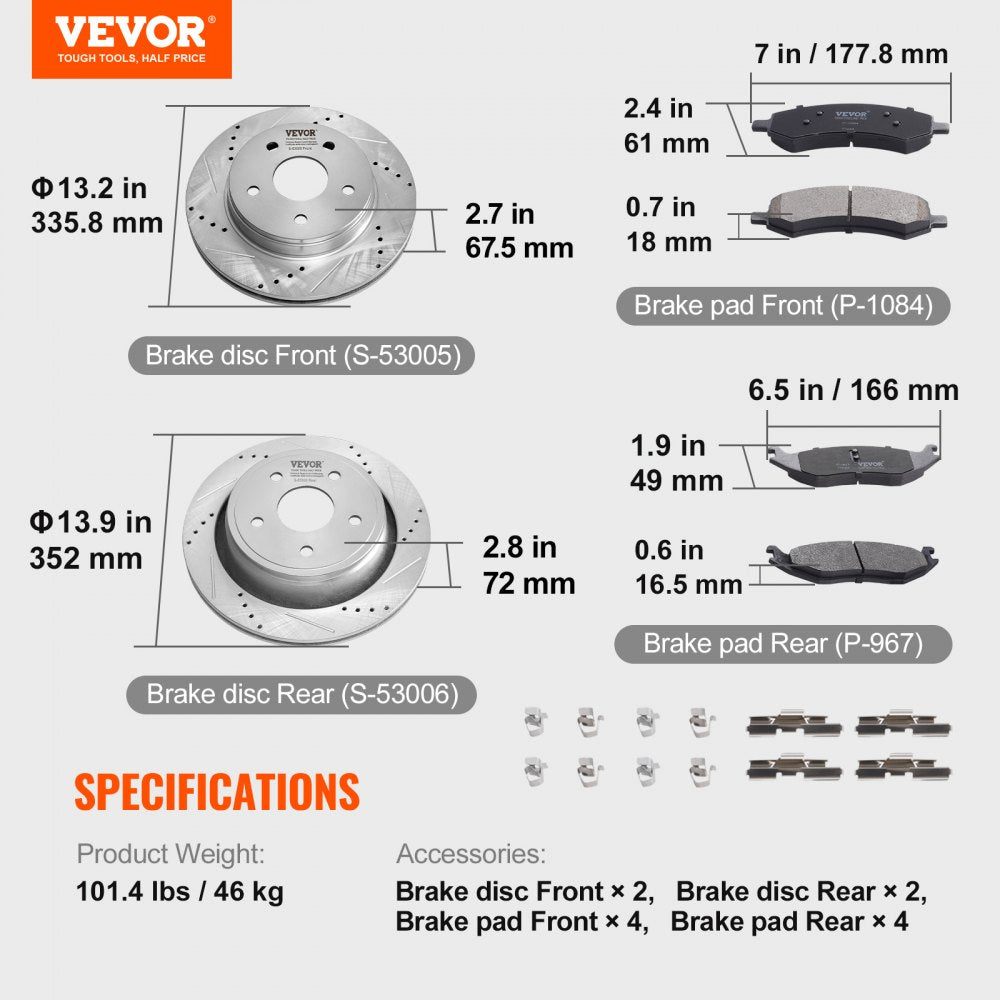 Drilled Slotted Front and Rear Brake Rotors Pads Kit for Dodge Ram 1500
