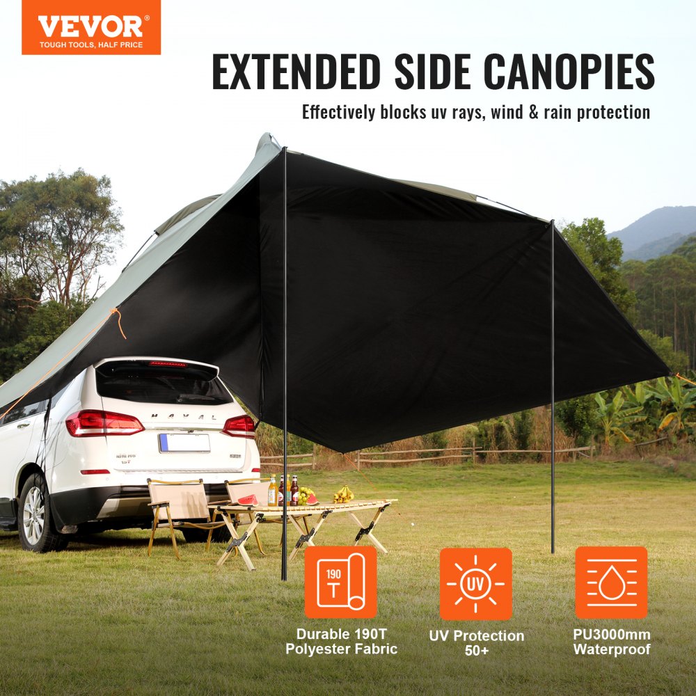 Vehicle Awning, Large 10` x 7` Shade Coverage Car Side Awning, PU2000mm UV50+ Car Awning with Extended Side Canopies and Portable Storage Bag, Suitable for Truck, SUV, Van, Campers