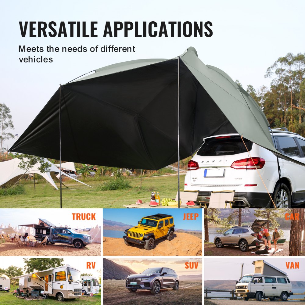 Vehicle Awning, Large 10` x 7` Shade Coverage Car Side Awning, PU2000mm UV50+ Car Awning with Extended Side Canopies and Portable Storage Bag, Suitable for Truck, SUV, Van, Campers