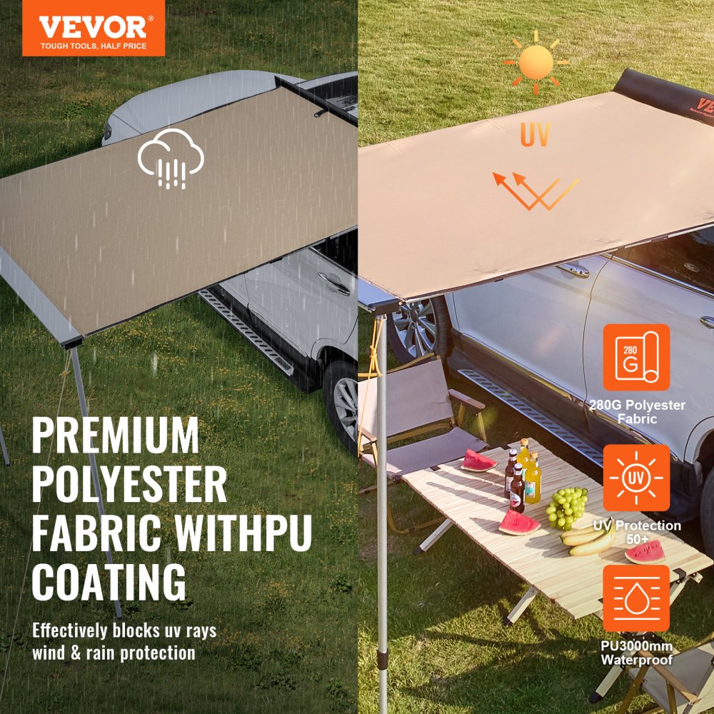 Car Side Awning, Large 4.6`x6.6` Shade Coverage Vehicle Awning, PU3000mm UV50+ Retractable Car Awning with Waterproof Storage Bag, Suitable for Truck, SUV, Van, Campers