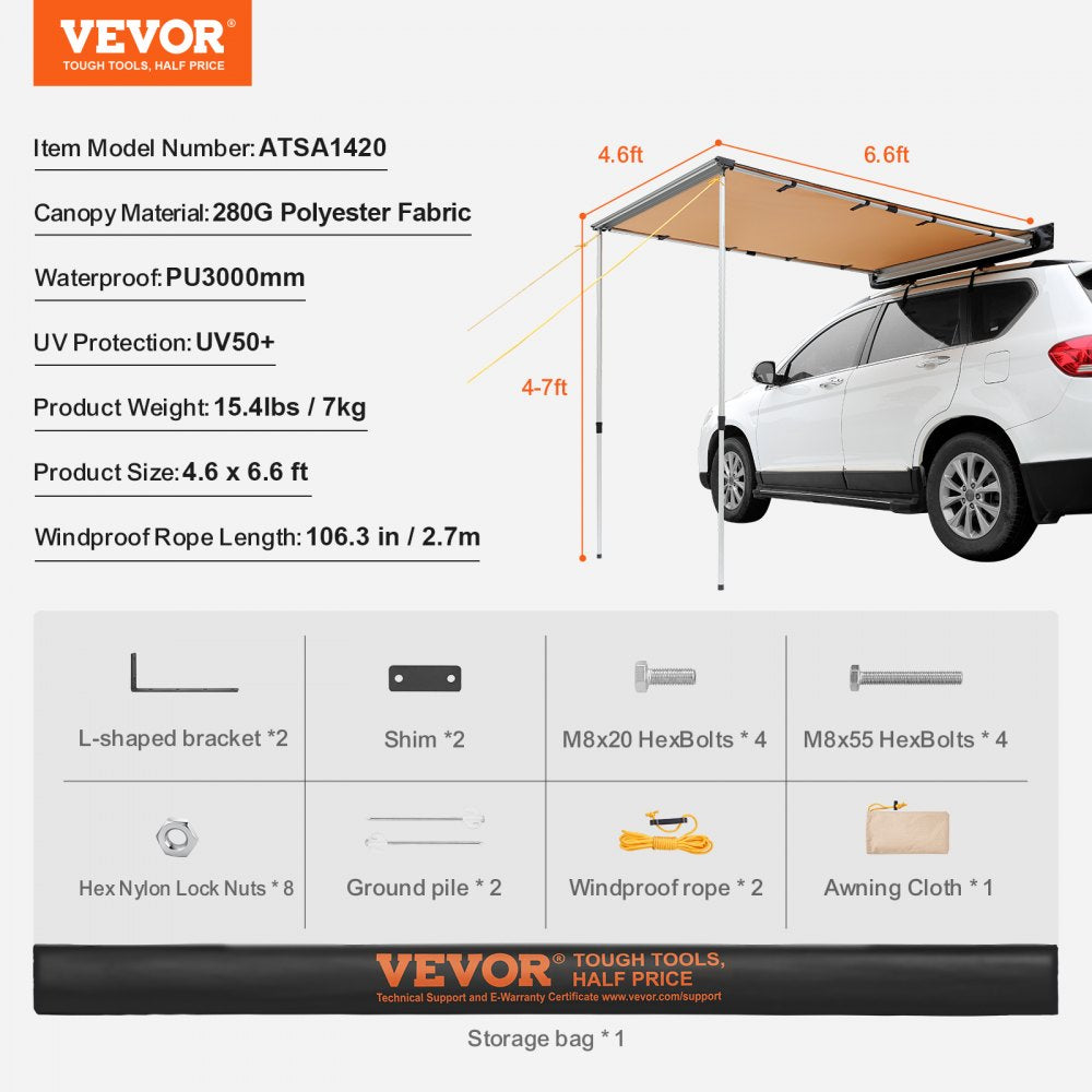 Car Side Awning, Large 4.6`x6.6` Shade Coverage Vehicle Awning, PU3000mm UV50+ Retractable Car Awning with Waterproof Storage Bag, Suitable for Truck, SUV, Van, Campers