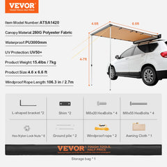 Car Side Awning, Large 4.6`x6.6` Shade Coverage Vehicle Awning, PU3000mm UV50+ Retractable Car Awning with Waterproof Storage Bag, Suitable for Truck, SUV, Van, Campers