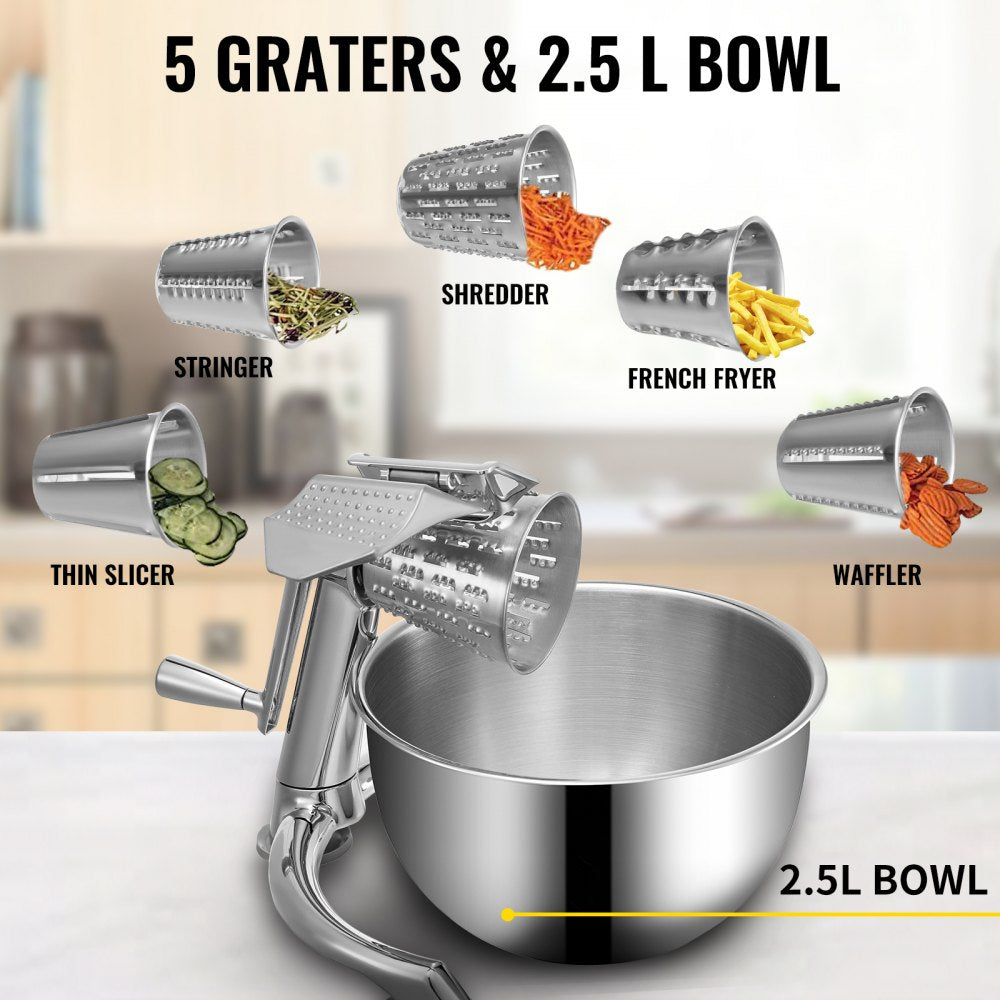 Rotary Cheese Grater, Zinc Alloy Rotary Vegetable Mandoline, Manual Cheese Mandoline w/ 5 Stainless Steel Cutting Cones, Manual Vegetable Grater w/ 2.5L Bowl, Rotary Shredder w/Suction Base