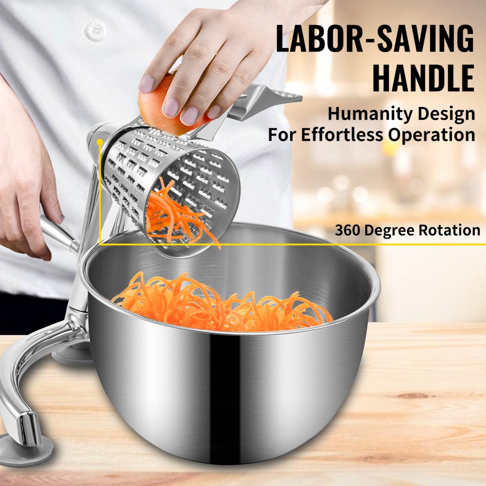 Rotary Cheese Grater, Zinc Alloy Rotary Vegetable Mandoline, Manual Cheese Mandoline w/ 5 Stainless Steel Cutting Cones, Manual Vegetable Grater w/ 2.5L Bowl, Rotary Shredder w/Suction Base