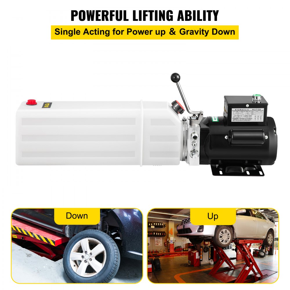 White hydraulic power unit with motor, pump, and reservoir, shown lifting cars in garage.