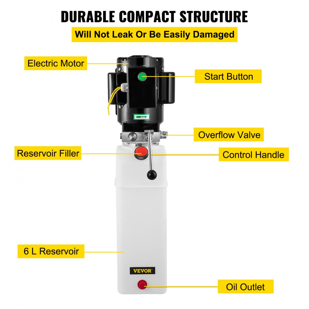 Diagram of Bostome 2.2KW hydraulic power unit showing electric motor, reservoir, start button, overflow valve, control handle, and oil outlet.