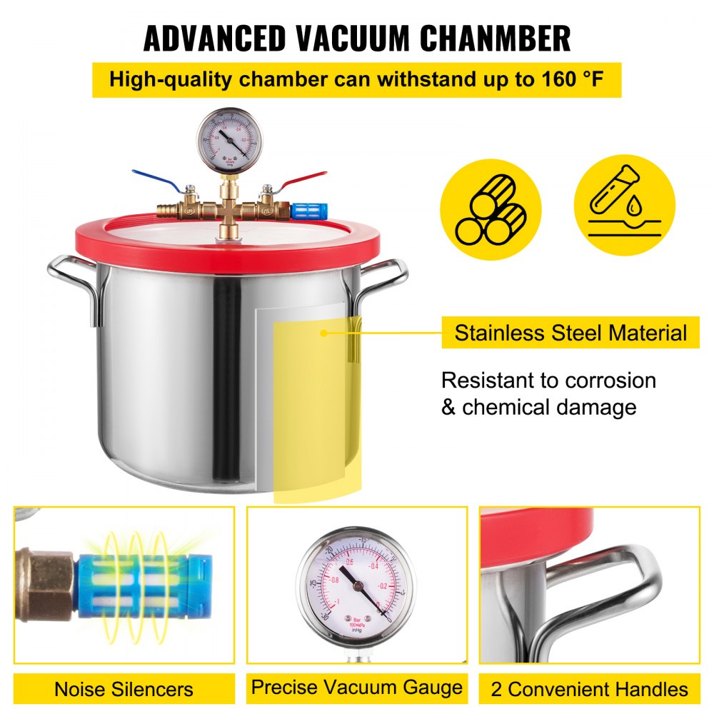 1.5 Gallon Vacuum Degassing Chamber Kit Stainless Steel Degassing Chamber 5.7L Vacuum Chamber Kit with 2.5 CFM Vacuum Pump - Not for Wood Stabilizing