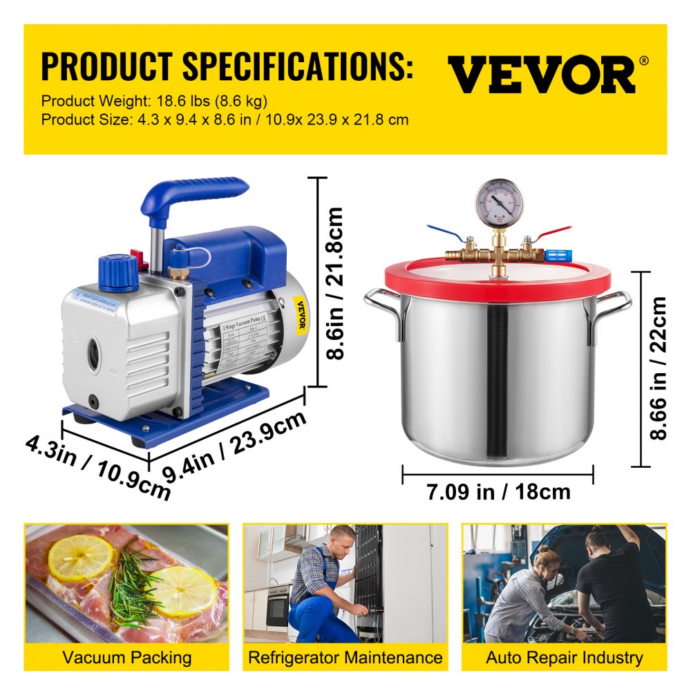 1.5 Gallon Vacuum Degassing Chamber Kit Stainless Steel Degassing Chamber 5.7L Vacuum Chamber Kit with 2.5 CFM Vacuum Pump - Not for Wood Stabilizing