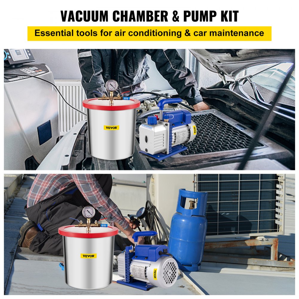 Vacuum Pump 3.6CFM 1/4 HP Single Stages HVAC A/C Refrigeration Kit 5PA Ultimate Vacuum Manifold Gauge Set Including 3 Gallon Vacuum Chamber, Manifold Gauge and Hose for Air Conditioning Systems