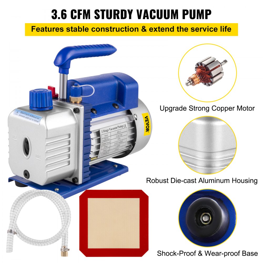 Vacuum Pump 3.6CFM 1/4 HP Single Stages HVAC A/C Refrigeration Kit 5PA Ultimate Vacuum Manifold Gauge Set Including 3 Gallon Vacuum Chamber, Manifold Gauge and Hose for Air Conditioning Systems