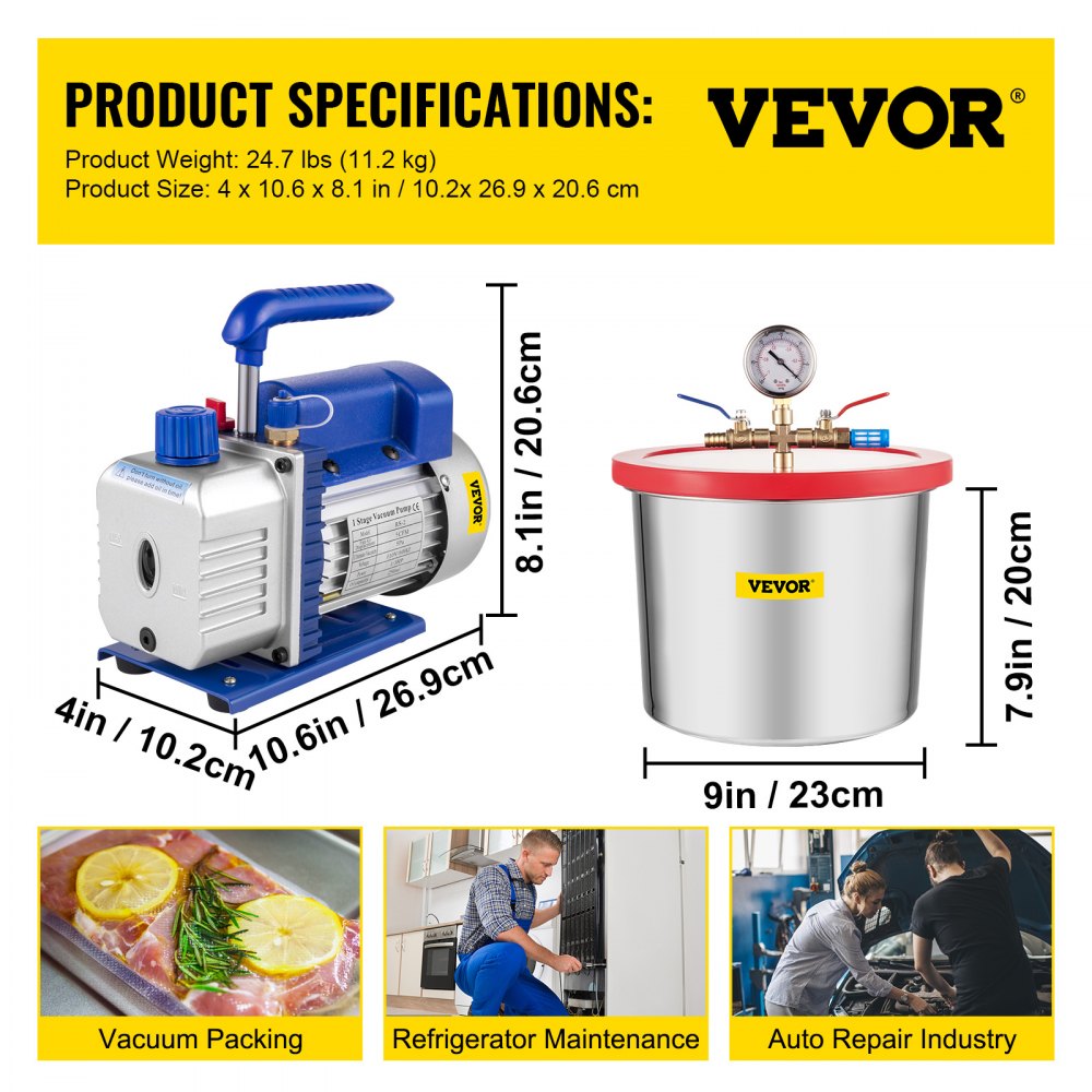 2 Gallon Vacuum Chamber With 5CFM Single-Pole Vacuum Pump, Acylic Lid Easy to Observe, Suitable For Silica and Resin, Not For Corrosive Chemicals