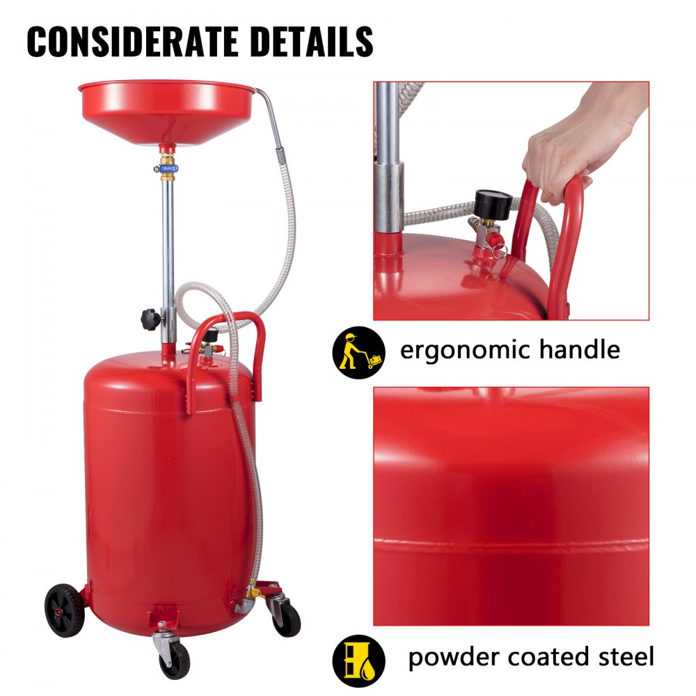 Waste Oil Drain Tank 20 Gallon Portable Oil Drain Air Operated Drainer Oil Change, Oil Drain Container, Fluid Fuel Transfer Drainage Adjustable Funnel Height, with Wheel for Easy Oil Removal