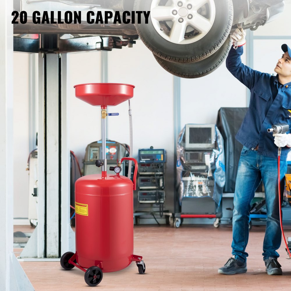 Waste Oil Drain Tank 20 Gallon Portable Oil Drain Air Operated Drainer Oil Change, Oil Drain Container, Fluid Fuel Transfer Drainage Adjustable Funnel Height, with Pressure Regulating Valve