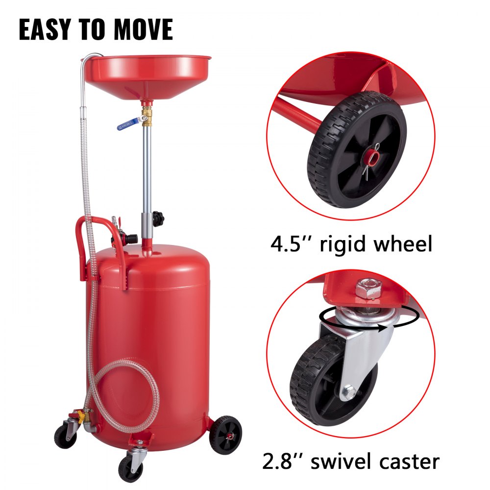 Waste Oil Drain Tank 20 Gallon Portable Oil Drain Air Operated Drainer Oil Change, Oil Drain Container, Fluid Fuel Transfer Drainage Adjustable Funnel Height, with Pressure Regulating Valve