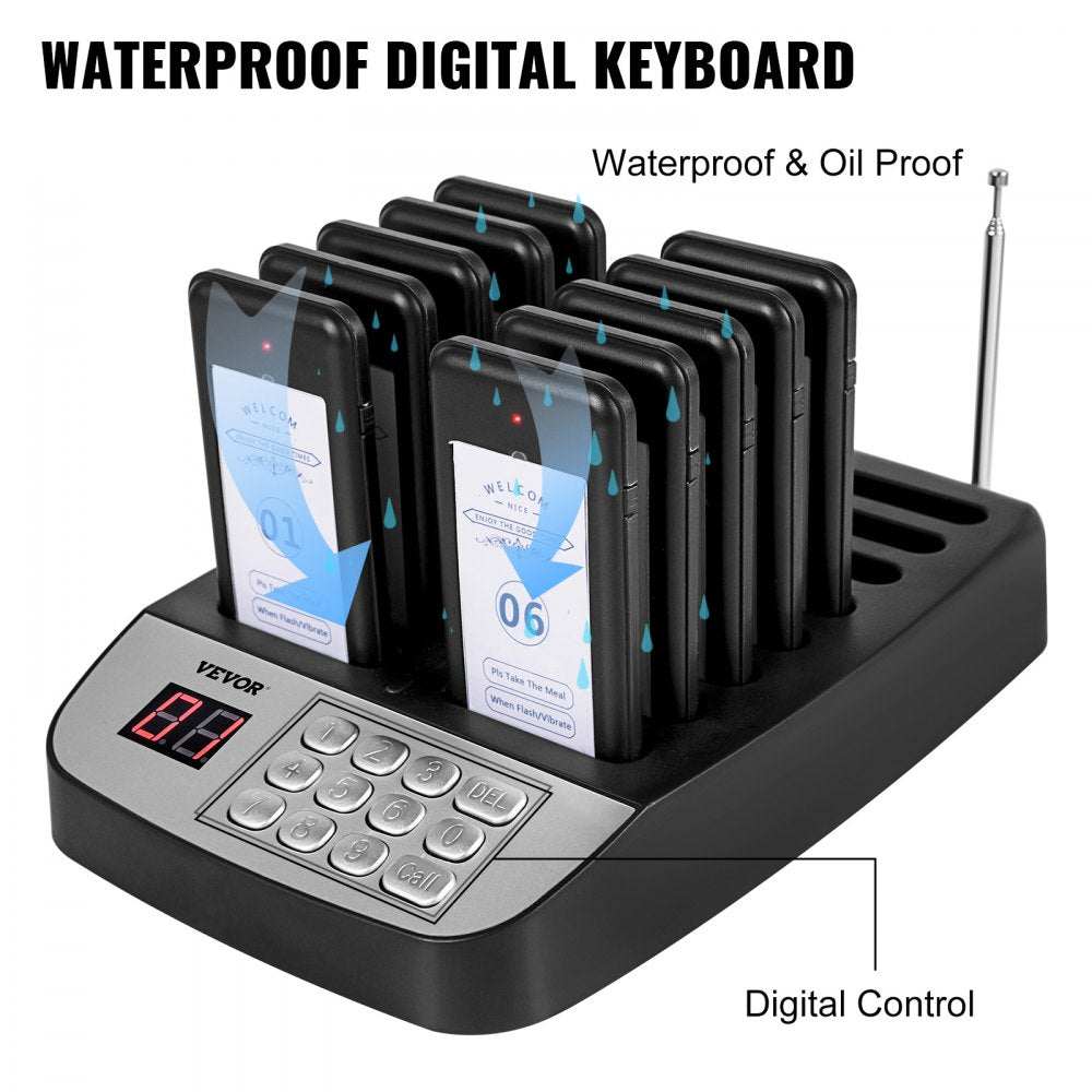 F100 Restaurant Pager System 10 Pagers, Max 98 Beepers Wireless Calling System, Set with Vibration, Flashing and Buzzer for Church, Nurse,Hospital & Hotel