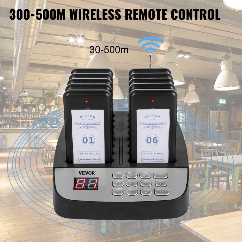 F100 Restaurant Pager System 10 Pagers, Max 98 Beepers Wireless Calling System, Set with Vibration, Flashing and Buzzer for Church, Nurse,Hospital & Hotel