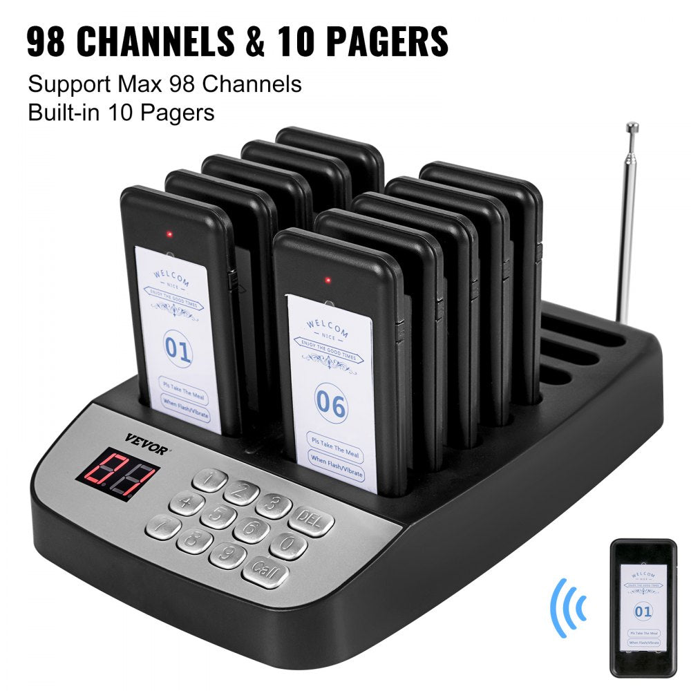 F100 Restaurant Pager System 10 Pagers, Max 98 Beepers Wireless Calling System, Set with Vibration, Flashing and Buzzer for Church, Nurse,Hospital & Hotel