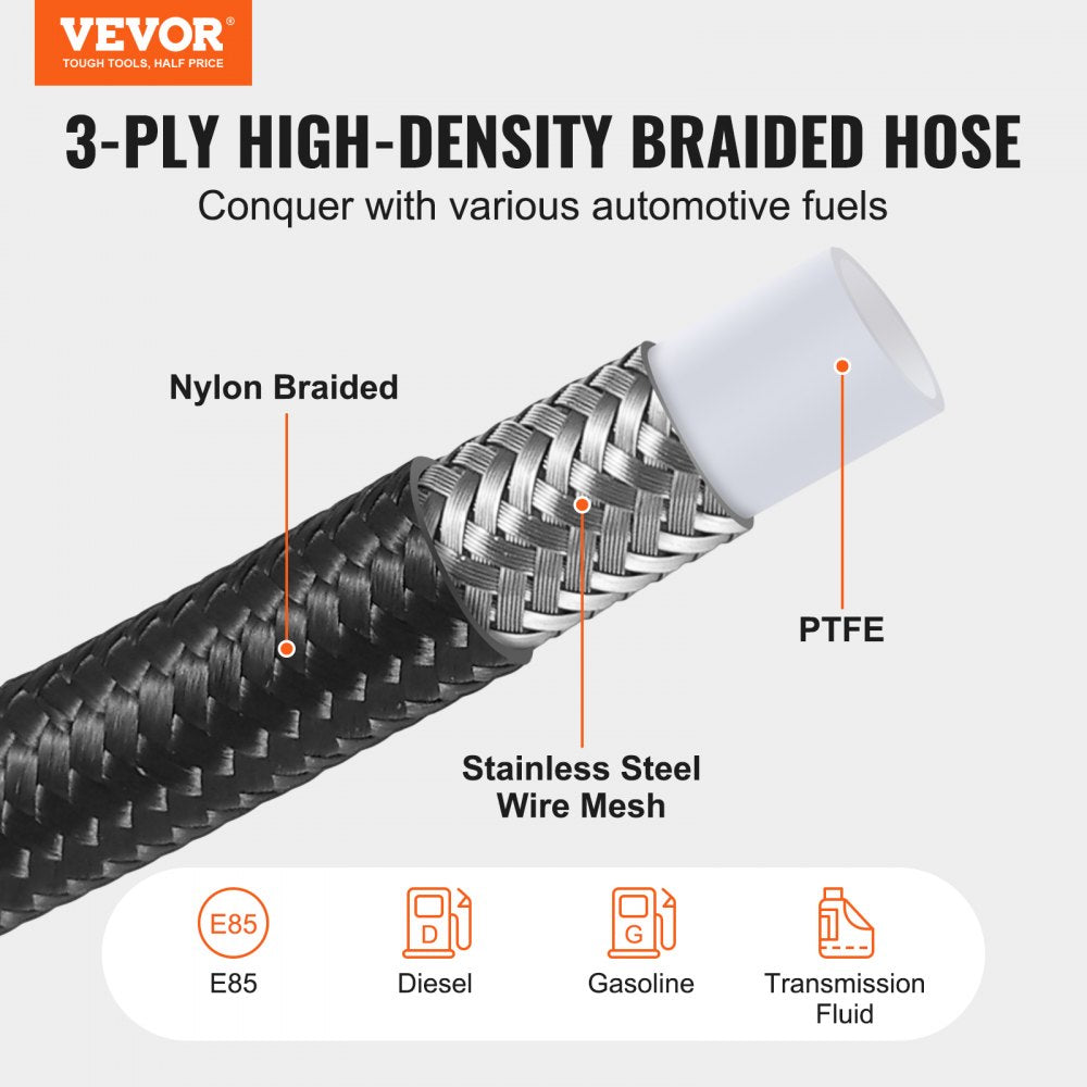 6AN Fuel Line Kit, 25 FT Fuel Hose Kit, 5/16" Nylon Stainless Steel Braided PTFE Fuel Line Kit, E85/Oil/Gas/Diesel Hose End Fitting Kit, with 15 PCS Swivel Fitting Adapter Kit, Black