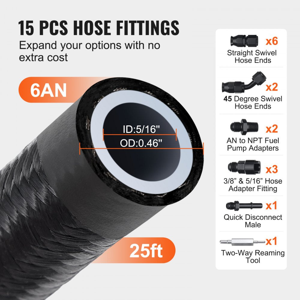 6AN Fuel Line Kit, 25 FT Fuel Hose Kit, 5/16" Nylon Stainless Steel Braided PTFE Fuel Line Kit, E85/Oil/Gas/Diesel Hose End Fitting Kit, with 15 PCS Swivel Fitting Adapter Kit, Black
