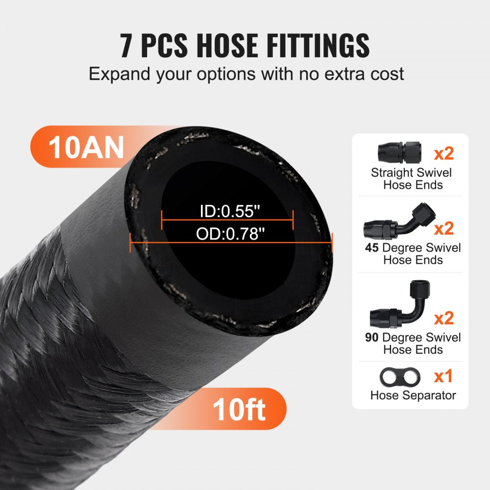 10AN Fuel Line Kit, 10 FT Fuel Hose Kit, 0.55" Nylon Stainless Steel Braided Fuel Line Oil/Gas/Diesel Hose End Fitting Kit, with 7 PCS Swivel Fitting Adapter Kit, Black
