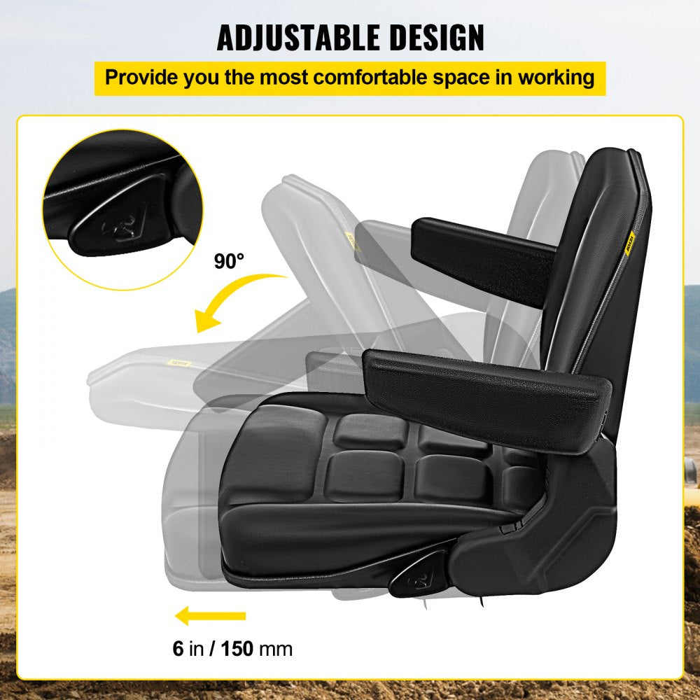 Universal Fold Down Forklift Seat with Retractable Safety Belt, Armrest,Adjustable Seat for Excavator, Forklift, Tractor, Skid Loader, Backhoe Dozer Telehandler