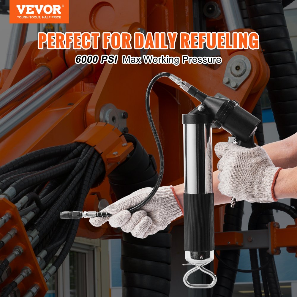 Air Operated Grease Gun, 6000PSI, 14 OZ/400 CC Capacity Heavy Duty Pneumatic Grease Gun, with 18.5 Inch Flexible Hose, 1 Black Flat Coupler Pointed Coupler Bent Metal Pipe Locking Clamp Coupler