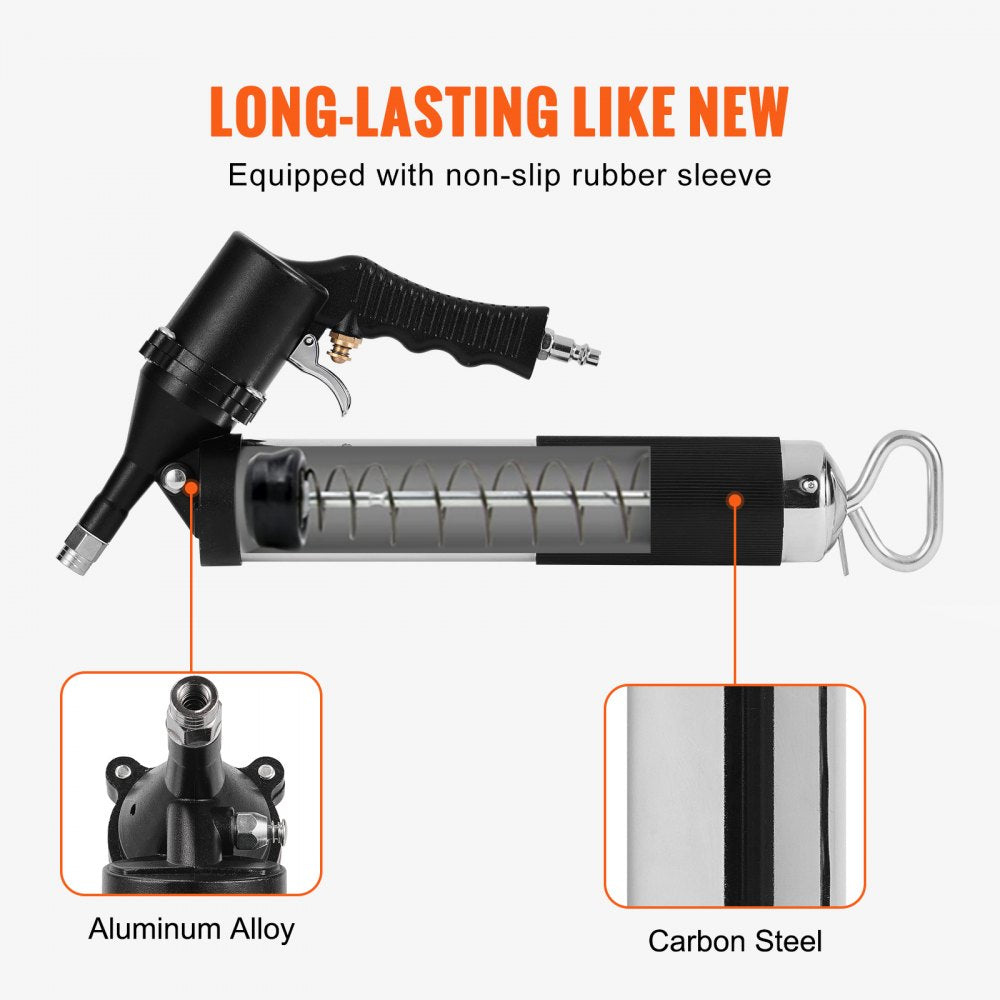 Air Operated Grease Gun, 6000PSI, 14 OZ/400 CC Capacity Heavy Duty Pneumatic Grease Gun, with 18.5 Inch Flexible Hose, 1 Black Flat Coupler Pointed Coupler Bent Metal Pipe Locking Clamp Coupler