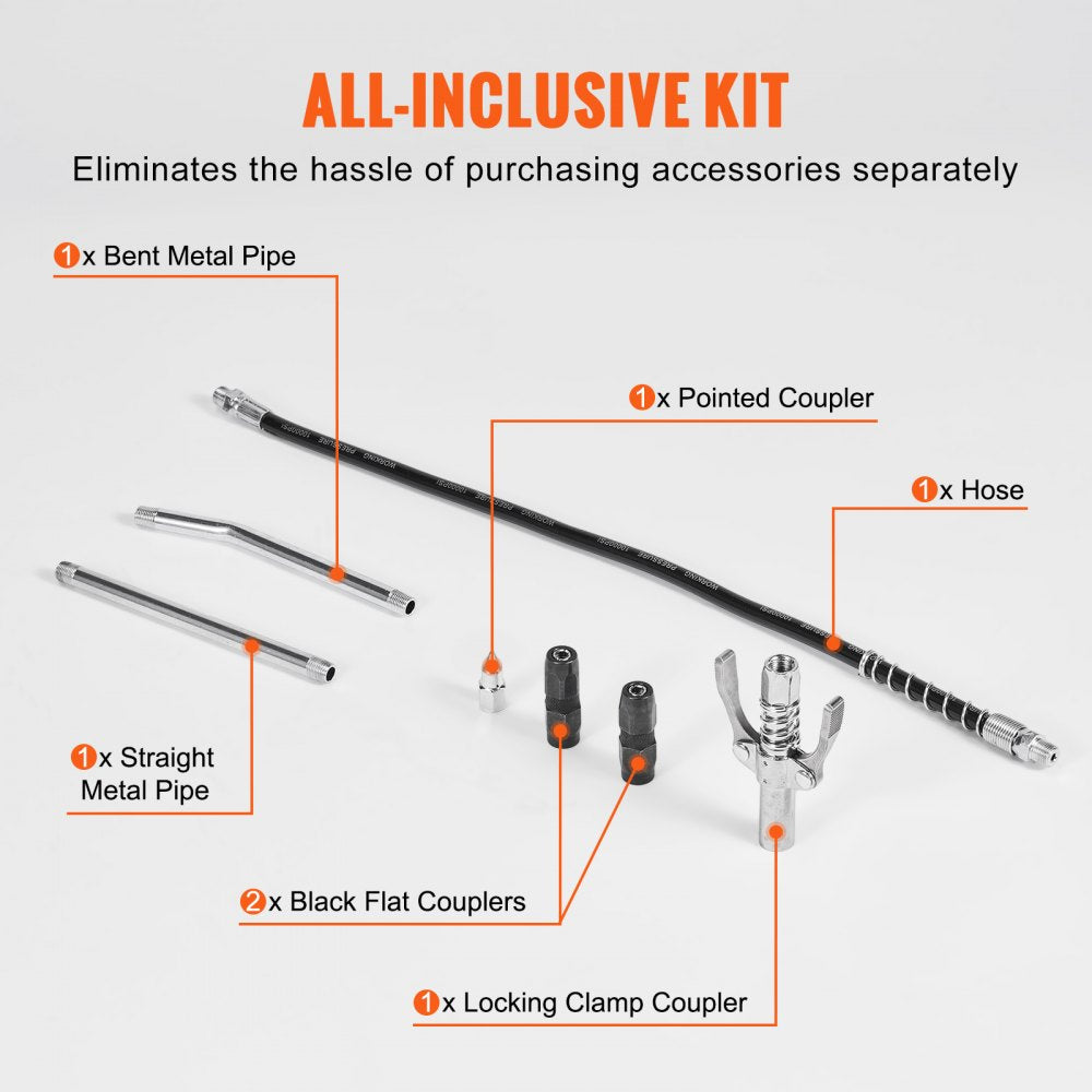 Air Operated Grease Gun, 6000PSI, 14 OZ/400 CC Capacity Heavy Duty Pneumatic Grease Gun, with 18.5 Inch Flexible Hose, 1 Black Flat Coupler Pointed Coupler Bent Metal Pipe Locking Clamp Coupler