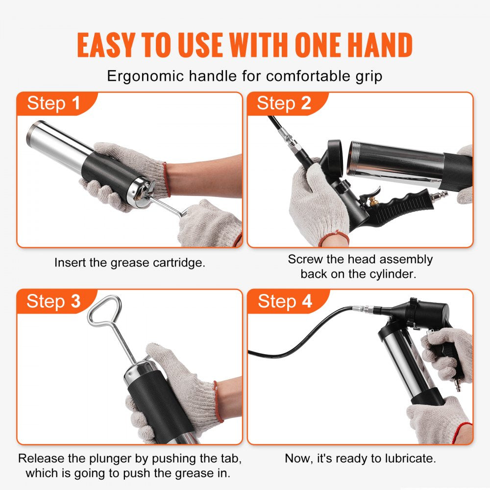 Air Operated Grease Gun, 6000PSI, 14 OZ/400 CC Capacity Heavy Duty Pneumatic Grease Gun, with 18.5 Inch Flexible Hose, 1 Black Flat Coupler Pointed Coupler Bent Metal Pipe Locking Clamp Coupler