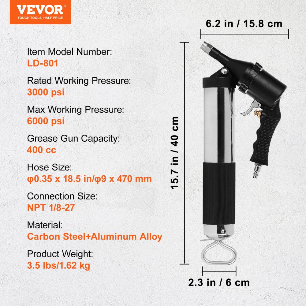 Air Operated Grease Gun, 6000PSI, 14 OZ/400 CC Capacity Heavy Duty Pneumatic Grease Gun, with 18.5 Inch Flexible Hose, 1 Black Flat Coupler Pointed Coupler Bent Metal Pipe Locking Clamp Coupler