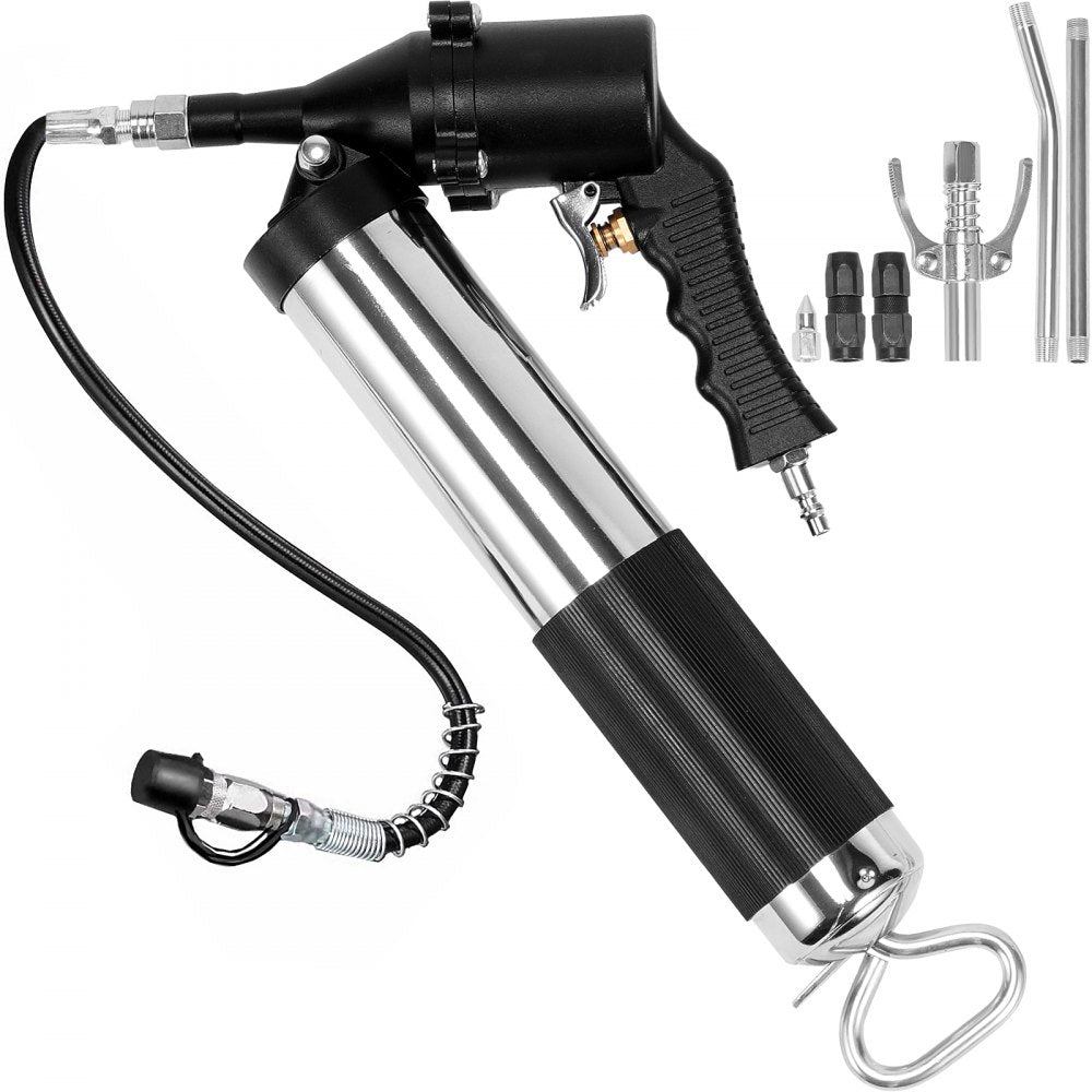 Air Operated Grease Gun, 6000PSI, 14 OZ/400 CC Capacity Heavy Duty Pneumatic Grease Gun, with 18.5 Inch Flexible Hose, 1 Black Flat Coupler Pointed Coupler Bent Metal Pipe Locking Clamp Coupler