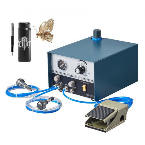 Blue pneumatic engraver machine with dual spindles, blue hoses, foot pedal, pen, bottle, and butterfly.