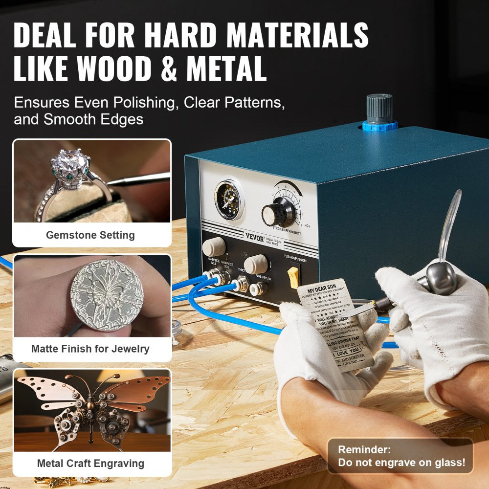 Dual-ended pneumatic engraver machine with control panel, handpiece, and foot pedal for engraving hard materials.