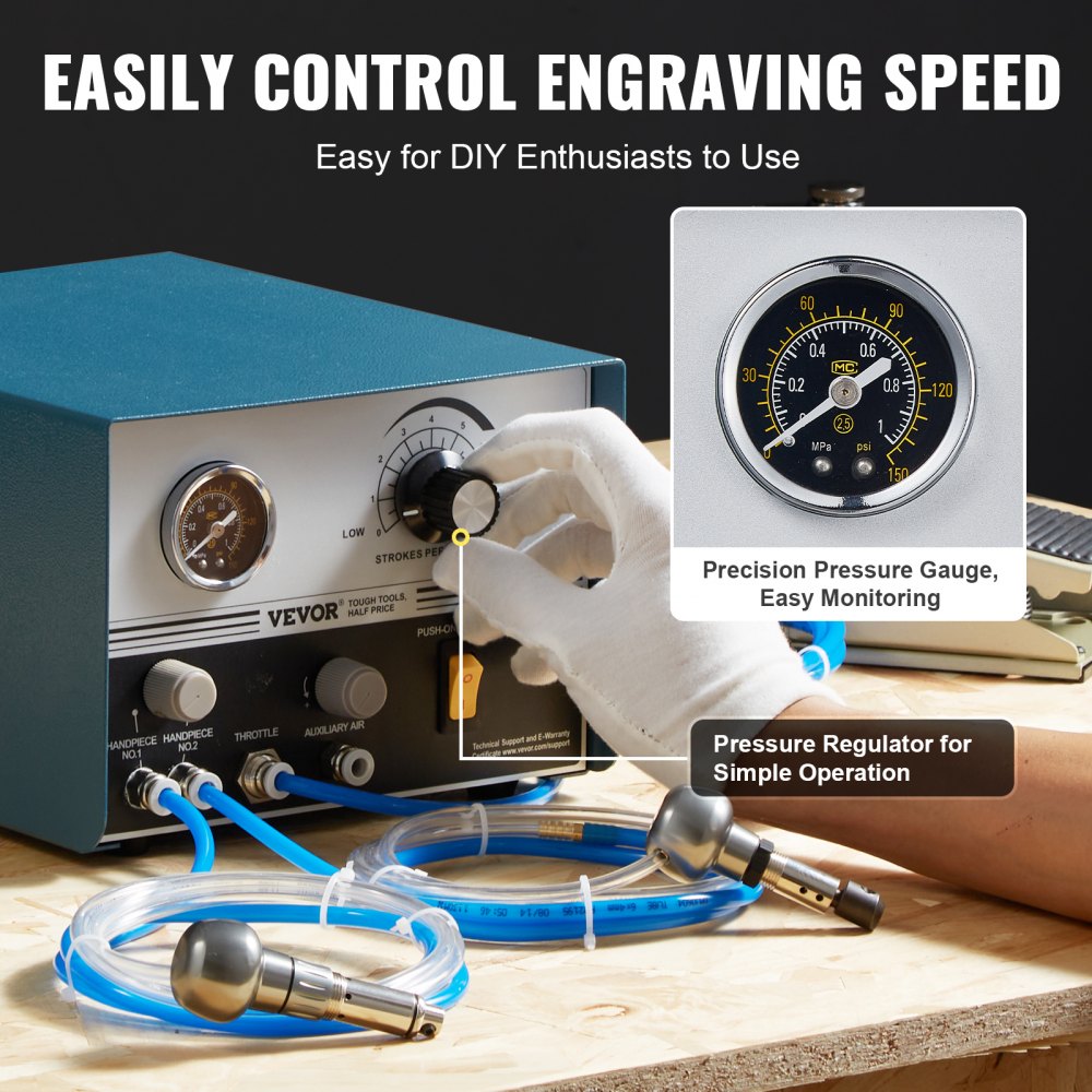 Blue Bostome pneumatic engraver with pressure gauge, regulator, and handpiece on a workbench.