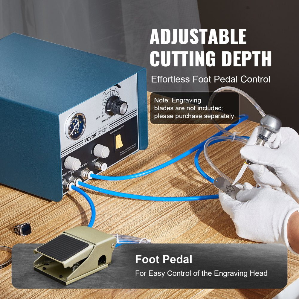Blue pneumatic engraver machine with adjustable cutting depth, foot pedal, and hoses on a wooden surface.