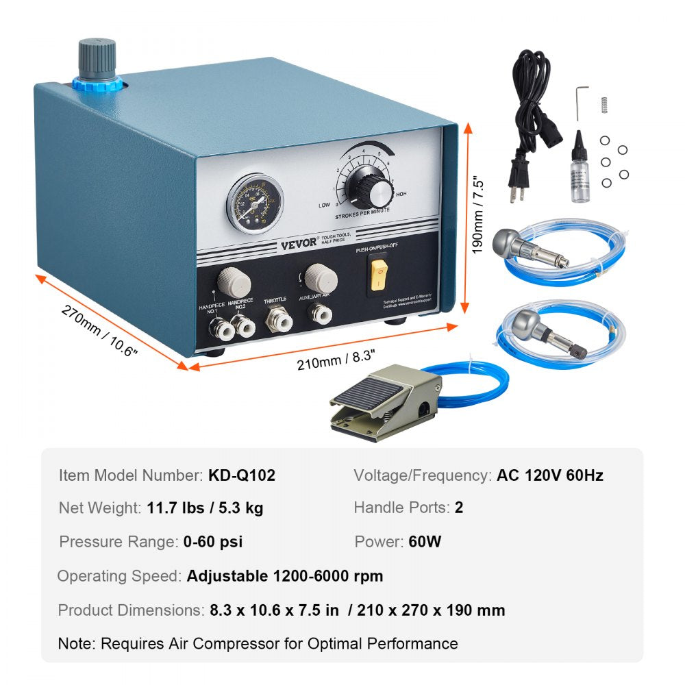 Bostome Pneumatic Engraver with 1200-6000 RPM dual-ended machine, pressure gauge, controls, foot pedal, and hoses.