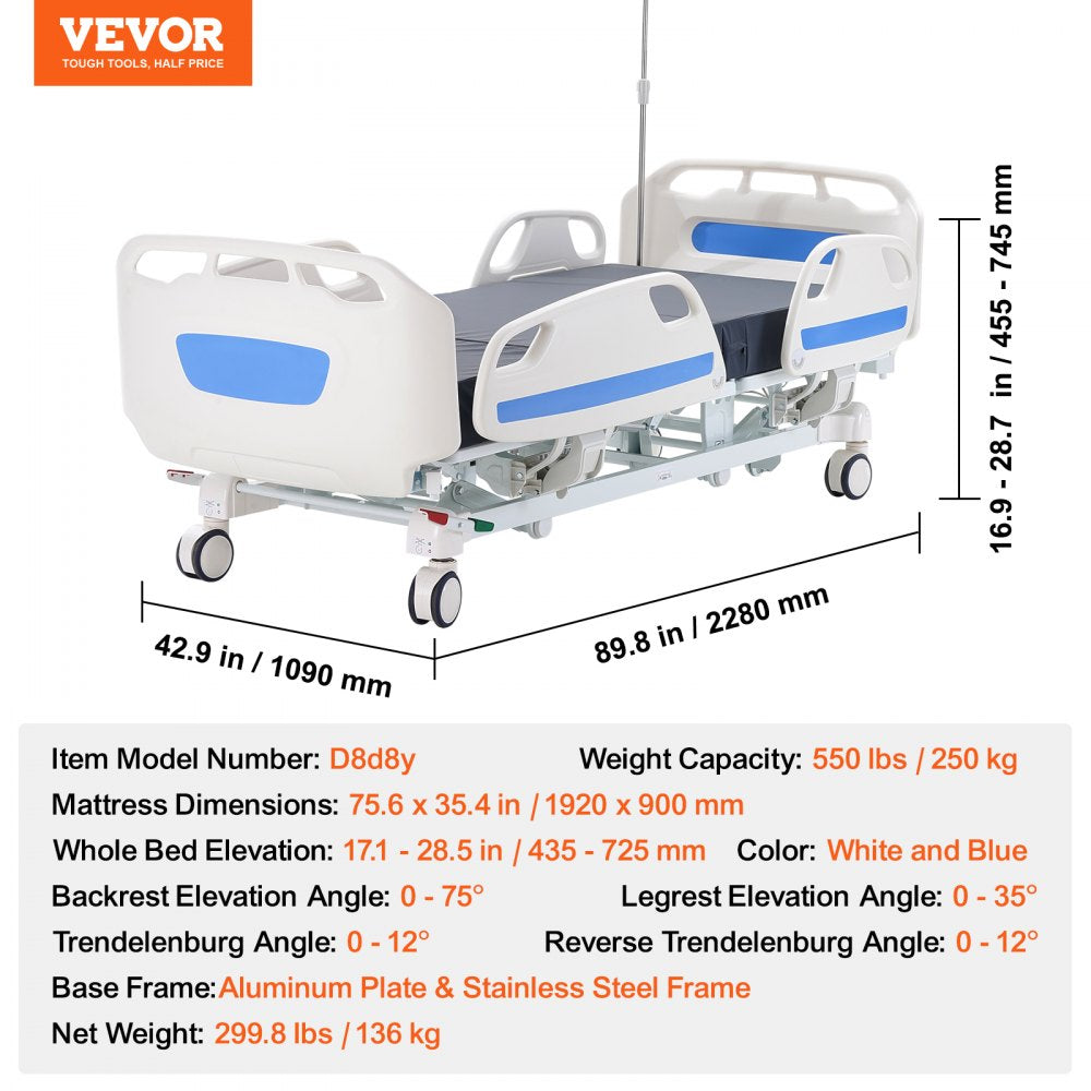 Premium 5 Function Full Electric Hospital Bed ICU Medical Bed 550LBS Loads