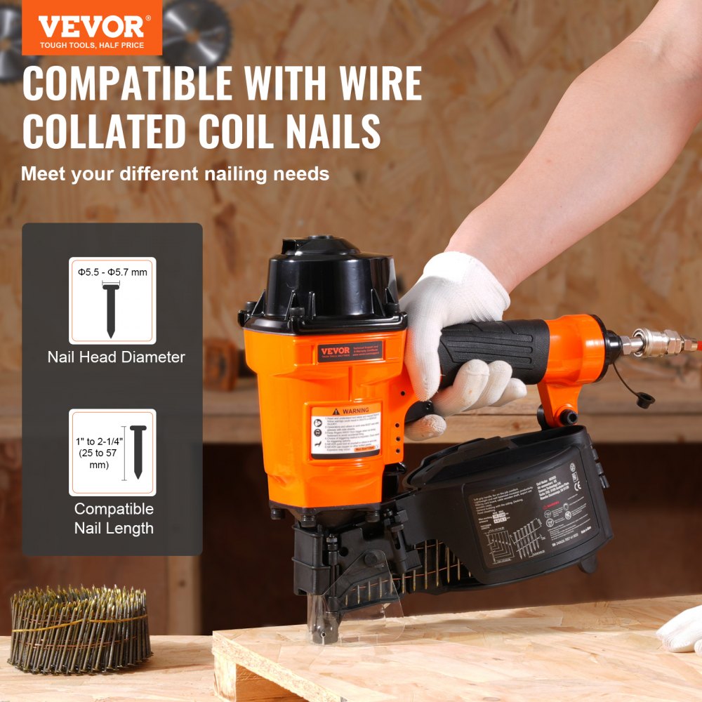 Orange Bostome MCN55 pneumatic coil siding nailer held in gloved hand, loading nails into magazine.