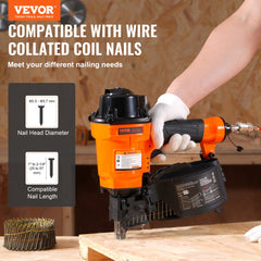 Orange Bostome MCN55 pneumatic coil siding nailer held in gloved hand, loading nails into magazine.
